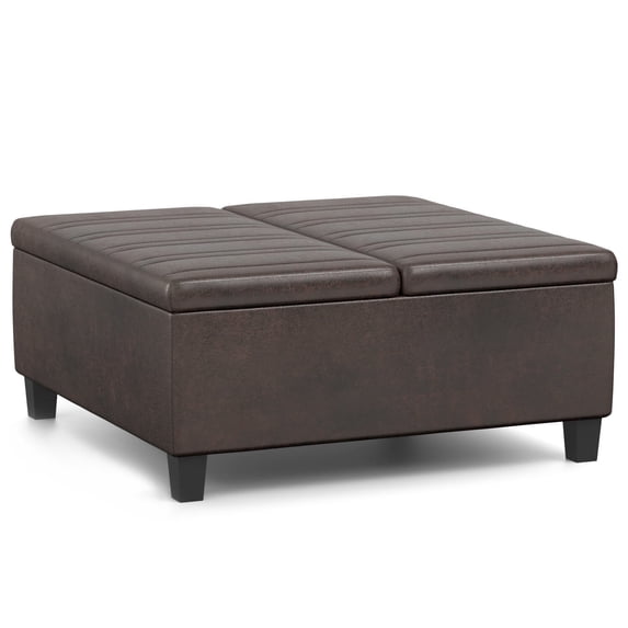 Ellis 36 inch Wide Contemporary Square Coffee Table Storage Ottoman in Distressed Brown Vegan Leather