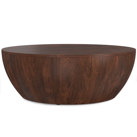 Simpli Home Elmbrook 34 inch Wide Solid Mango Modern Industrial Drum Coffee Table in Walnut Brown, Assembled