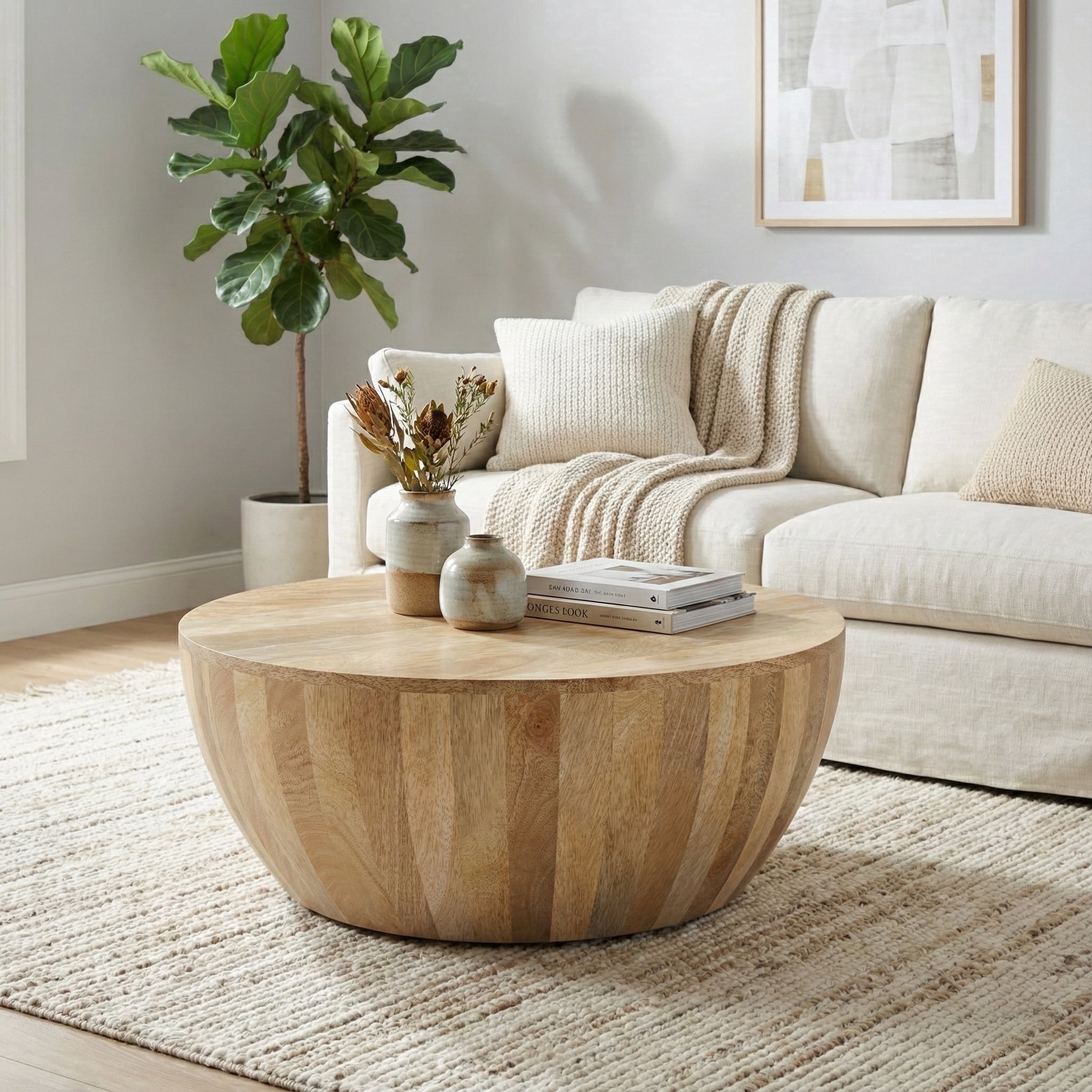 Simpli Home Elmbrook 34 inch Wide Solid Mango Wood Drum Coffee Table, Natural Blonde