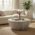 thumbnail image 1 of Simpli Home Elmbrook 34 inch Wide Solid Mango Wood Drum Coffee Table, Weathered White, 1 of 7