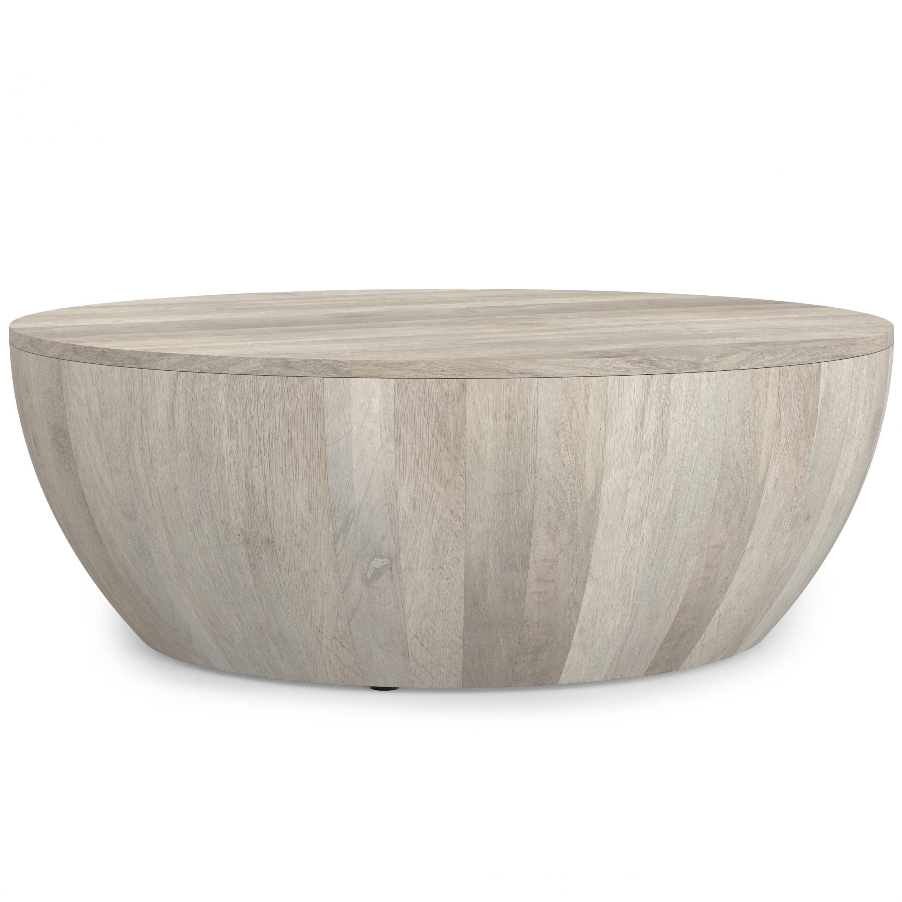 Simpli Home Elmbrook 34 inch Wide Solid Mango Modern Industrial Drum Coffee Table in White Wash, Assembled
