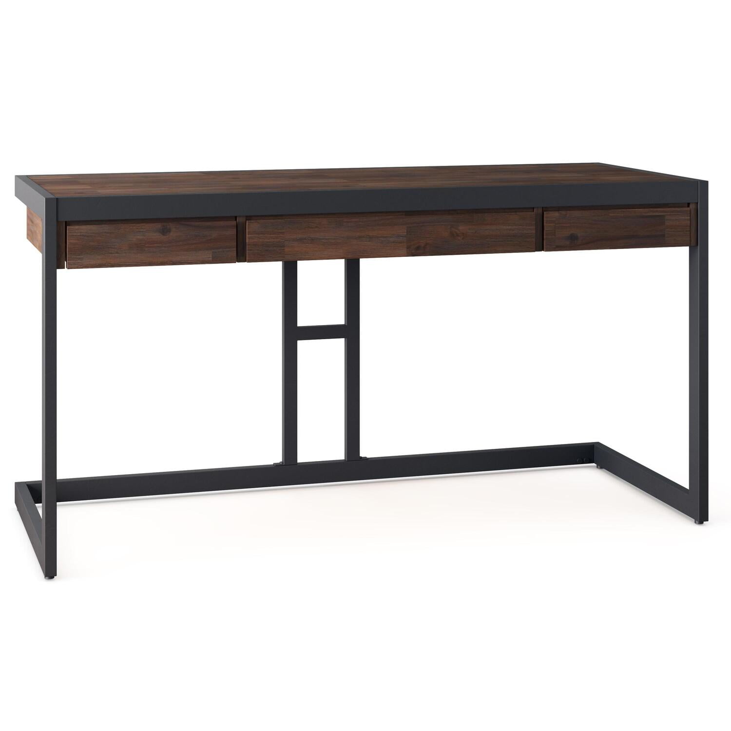 Distressed Charcoal Brown Acacia Wood Industrial Desk with Drawers