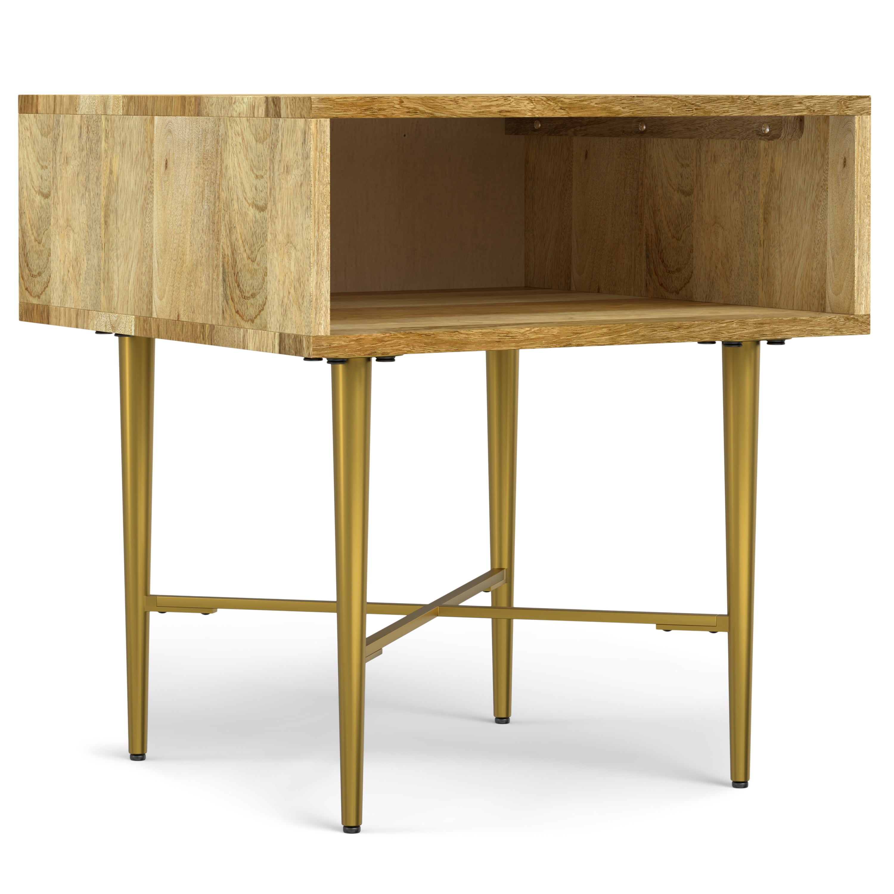 Natural Mango Wood and Gold Metal Square End Table with Storage