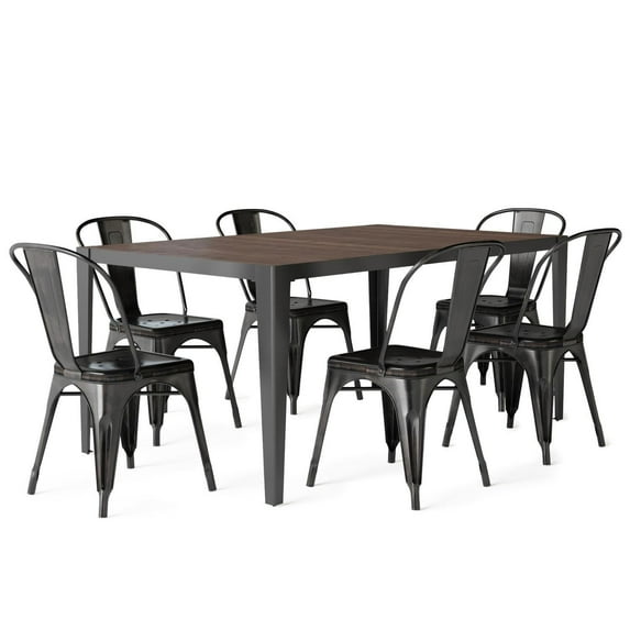 Simpli Home Fletcher 7 Piece Dining Set in Distressed Black and Copper