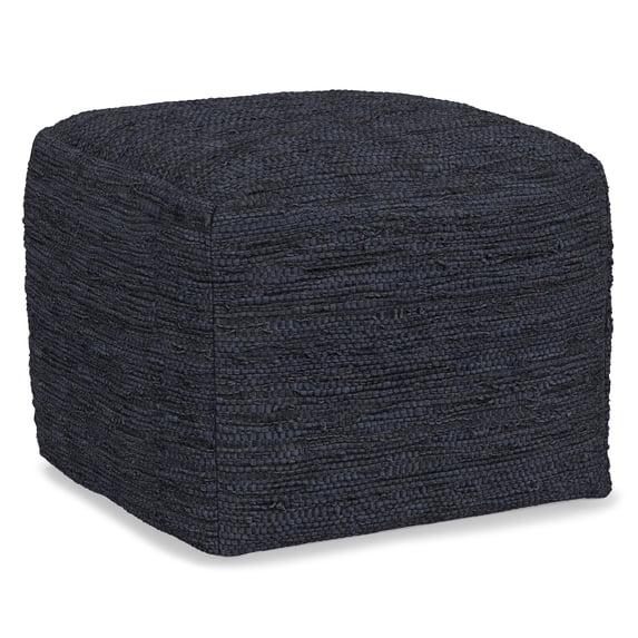 Simpli Home Fredrik Boho Square Pouf in Dark Blue Woven Genuine Leather