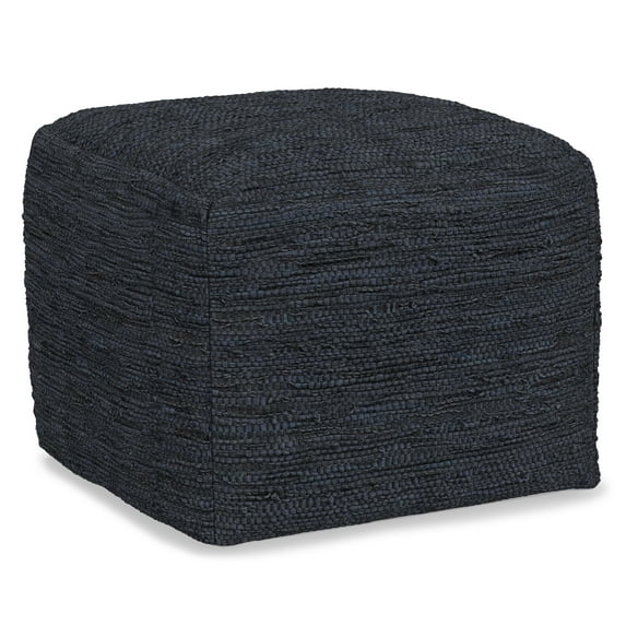Simpli Home Fredrik Boho Square Pouf in Dark Blue Woven Genuine Leather