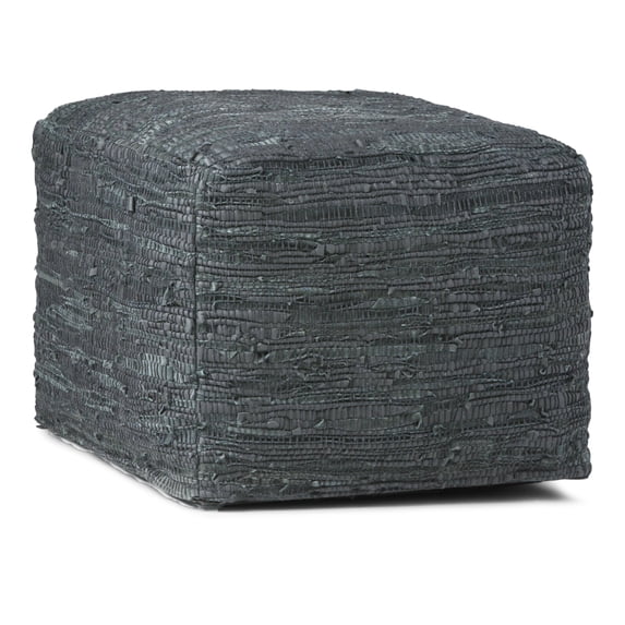 Simpli Home Fredrik Boho Square Pouf in Grey Woven Genuine Leather
