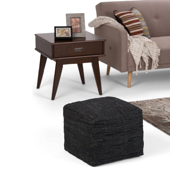 Simpli Home Fredrik 18 inch Wide Boho Square Pouf in Black Woven Genuine Leather