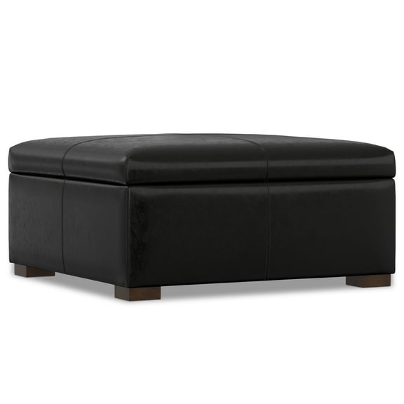 Gabbie 36 inch Wide Square Coffee Table Storage Ottoman in Midnight Black PU Vegan Leather