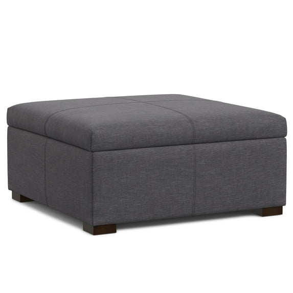 Gabbie 36 inch Wide Square Coffee Table Storage Ottoman in Slate Grey Polyester Linen