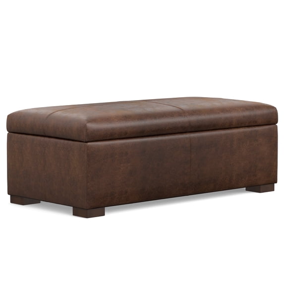Gabbie 48 inch Wide Rectangular Storage Ottoman in Distressed Chestnut Brown Vegan Leather