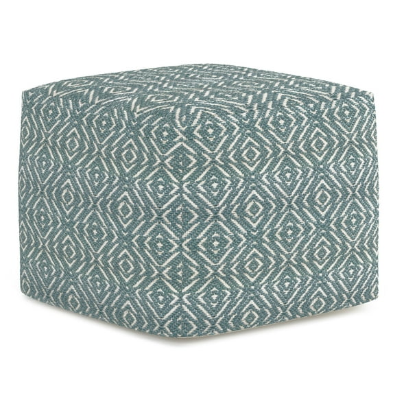 Simpli Home Graham Square Pouf in Patterned Teal and Natural Cotton