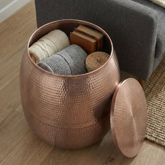 Simpli Home Griffen 19-inch-Wide Solid Metal Drum Storage Accent Table, Burnished Copper