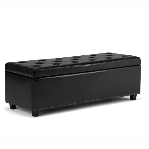 Hamilton 48 inch Wide Transitional Rectangle Storage Ottoman in Midnight Black Vegan Faux Leather, Assembled