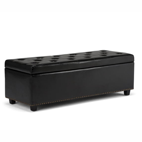 Hamilton 48 inch Wide Transitional Rectangle Storage Ottoman in Midnight Black Vegan Faux Leather, Assembled
