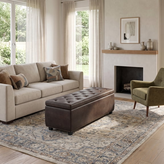 Simpli Home Hamilton 48" Transitional Rectangle Ottoman in Brown Faux Leather