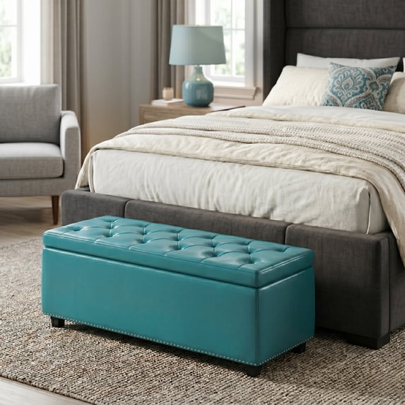 Hamilton 48" WDTransitional Storage Ottoman in Mediterranean Blue Vegan Leather