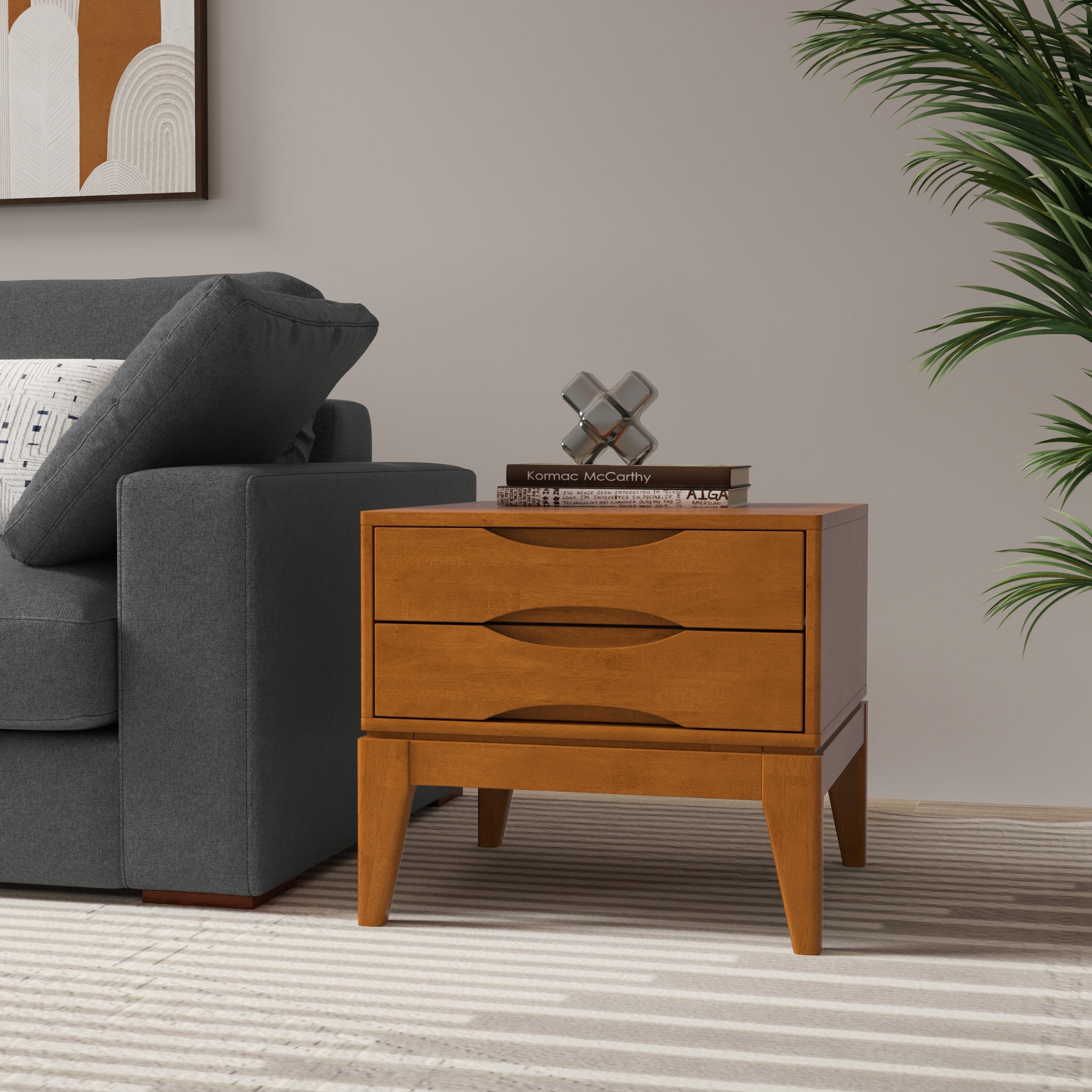 Teak Brown Solid Hardwood Square End Table with Storage