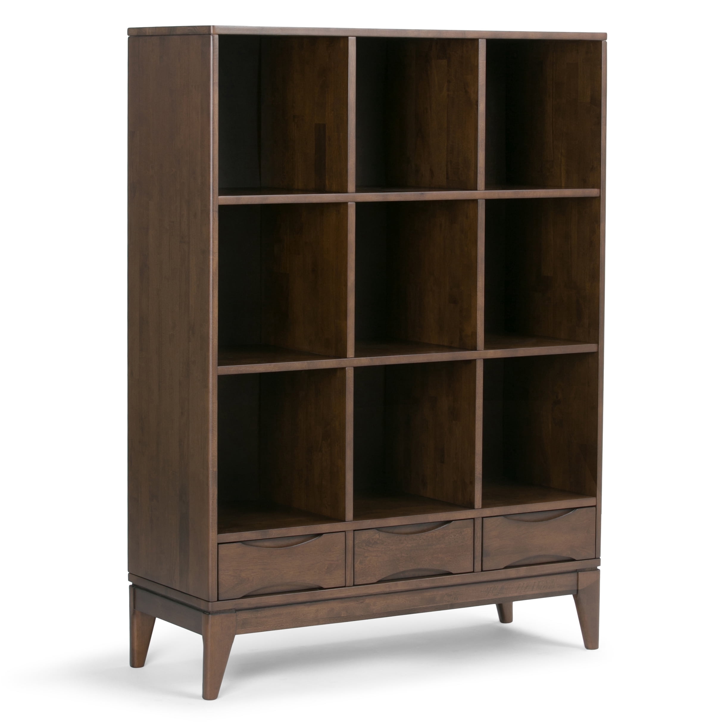 Simpli Home Harper SOLID HARDWOOD 58 inch x 42 inch Mid Century Modern Cube Storage Bookcase with Drawers in Walnut Brown
