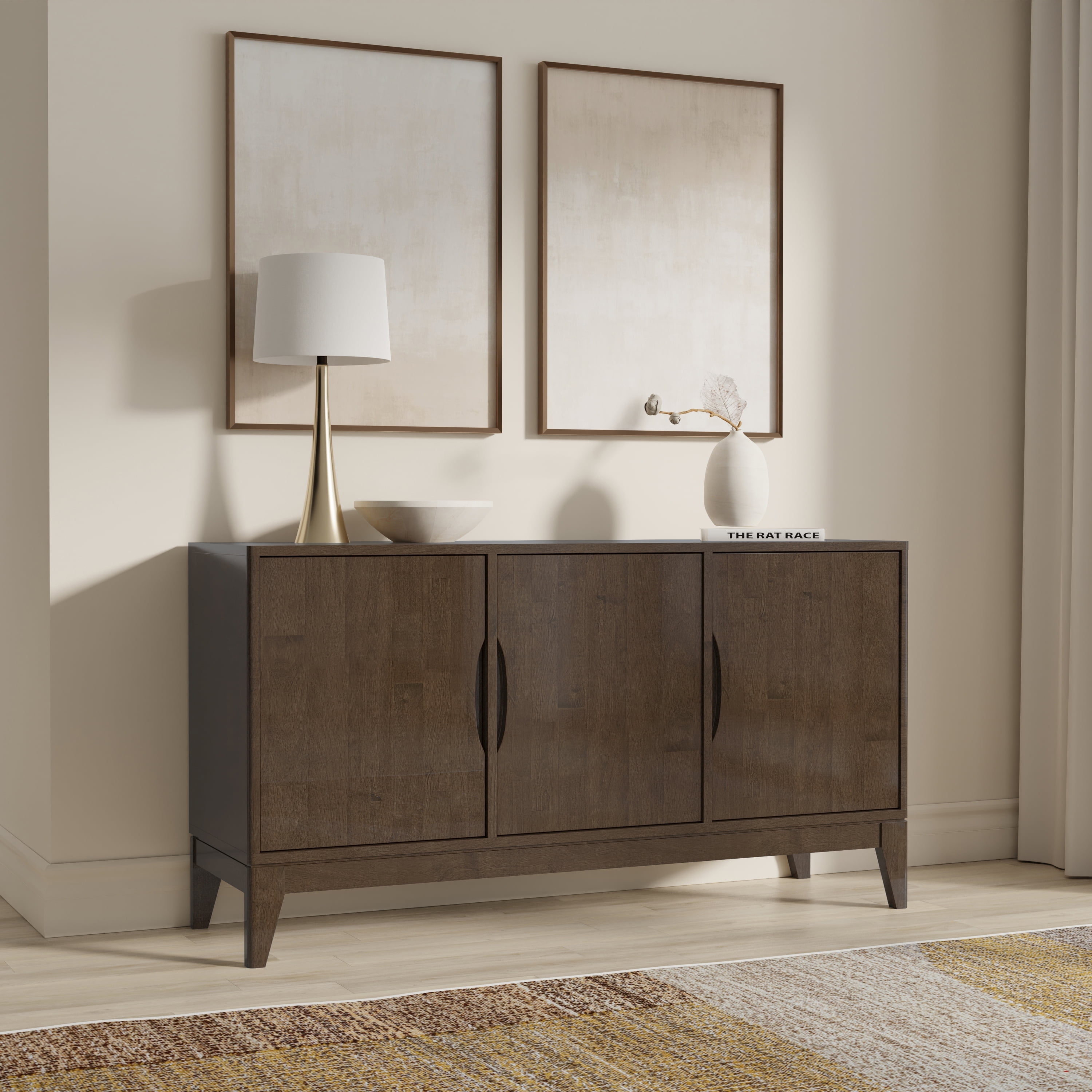 Harper Walnut Brown Solid Hardwood Mid Century Modern Sideboard Buffet