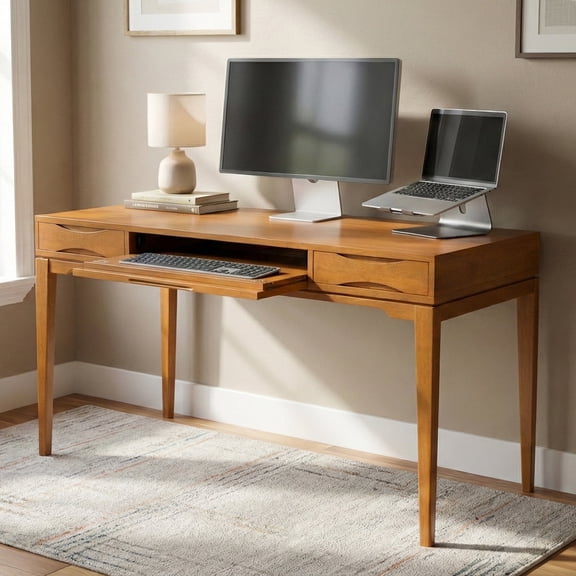 Simpli Home Harper 60 inch Wide Solid Wood Mid Century Modern Desk in Light Golden Brown