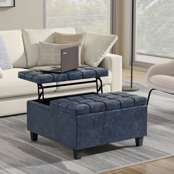 Simpli Home Harrison 30" Wide Coffee Table Storage Ottoman in Blue Vegan Faux Leather