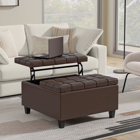 Simpli Home Harrison 30 inch Wide Transitional Square Small Coffee Table Storage Ottoman in Chocolate Brown Vegan Faux Leather