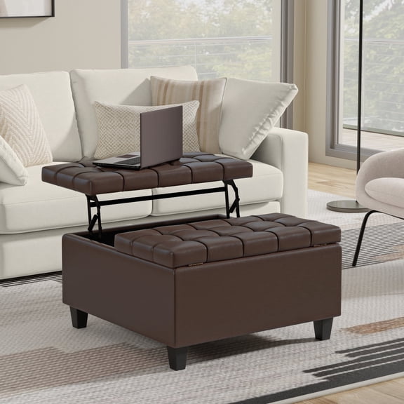 Simpli Home Harrison 30 inch Wide Transitional Square Small Coffee Table Storage Ottoman in Chocolate Brown Vegan Faux Leather