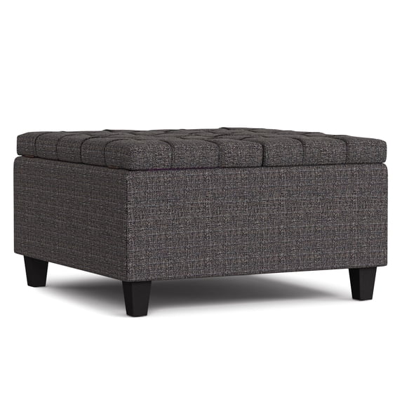 Simpli Home Harrison 30 inch Wide Transitional Square Small Coffee Table Storage Ottoman in Ebony Tweed Vegan Faux Leather