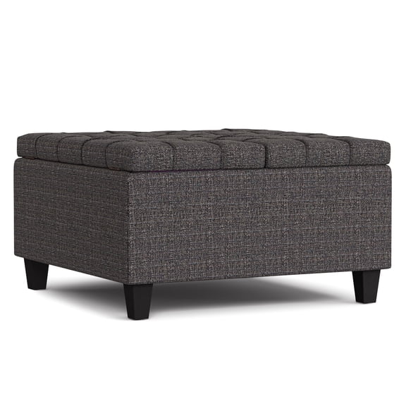Simpli Home Harrison 30 inch Wide Transitional Square Small Coffee Table Storage Ottoman in Ebony Tweed Vegan Faux Leather