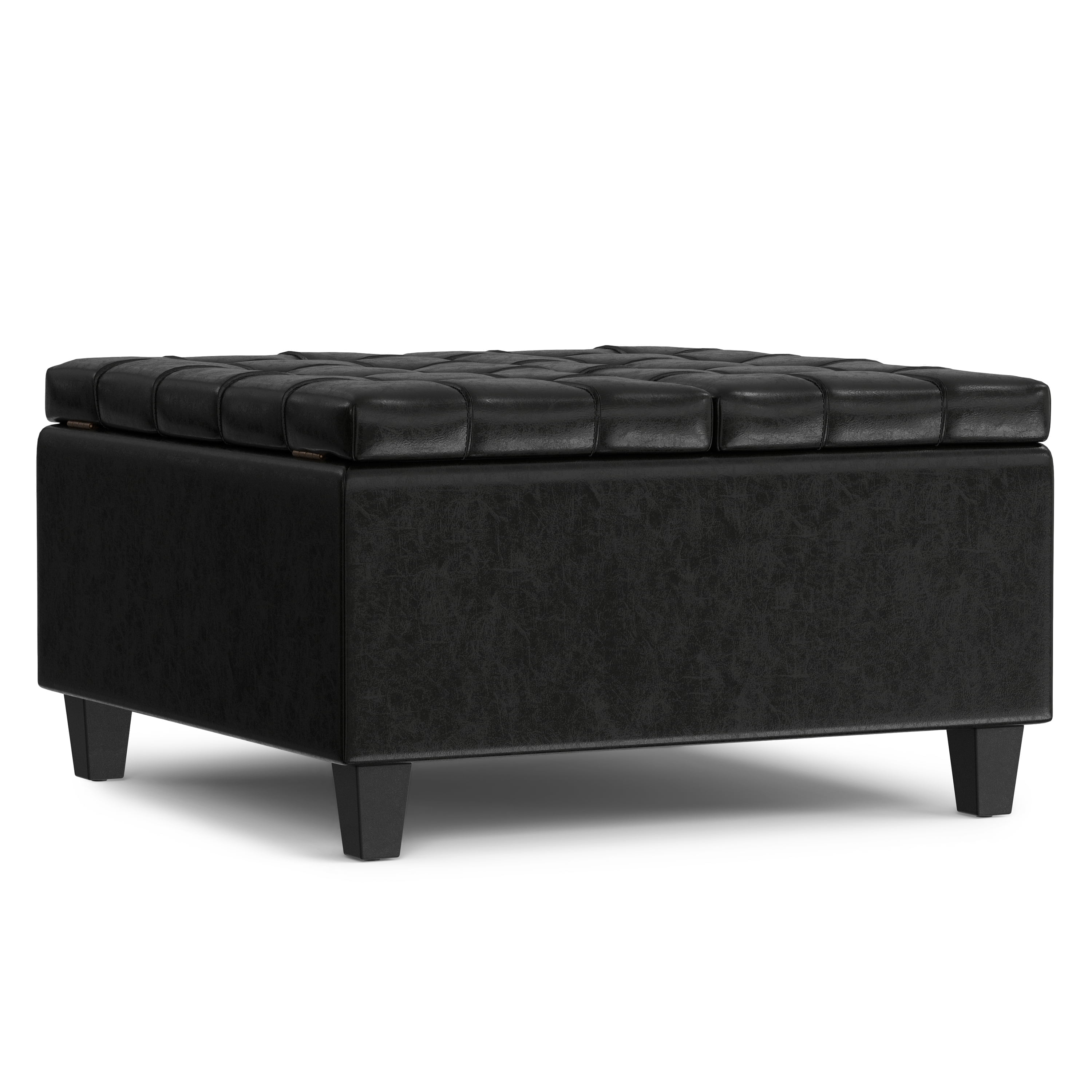 Midnight Black Tufted Faux Leather Storage Ottoman