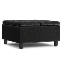 Simpli Home Harrison 30 inch Wide Transitional Square Small Coffee Table Storage Ottoman in Midnight Black Vegan Faux Leather