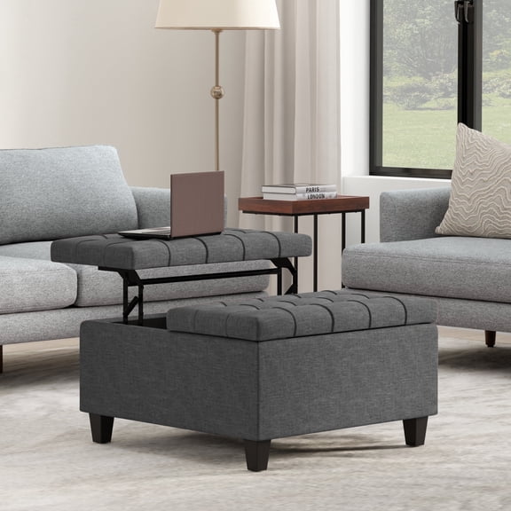 Harrison 30 inch Wide Transitional Small Square Coffee Table Storage Ottoman in Slate Grey Linen Look Fabric
