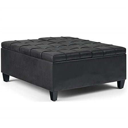 Harrison 36 inch Wide Transitional Coffee Table Storage Ottoman in Distressed Black Vegan Leather