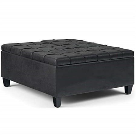 Simpli Home - Harrison 36 inch Wide Transitional Square Coffee Table Storage Ottoman in Faux Leather - Distressed Black