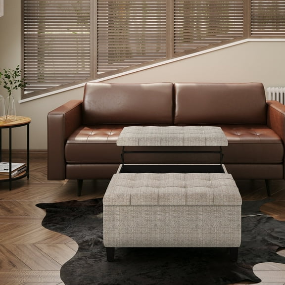 Harrison 36 inch Wide Transitional Coffee Table Storage Ottoman in Platinum Tweed Look Fabric