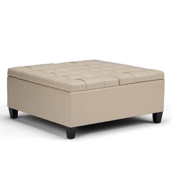 Harrison 36 inch Wide Transitional Coffee Table Storage Ottoman in Satin Cream Vegan Leather