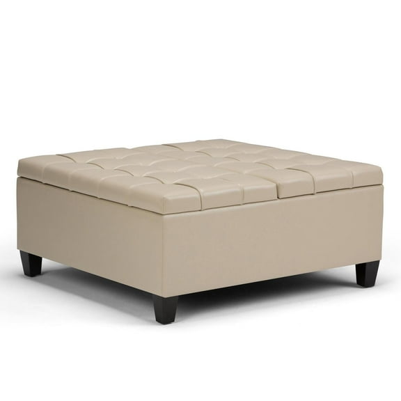 Harrison 36 inch Wide Transitional Coffee Table Storage Ottoman in Satin Cream Vegan Leather