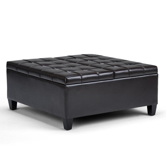 Harrison 36 inch Wide Transitional Coffee Table Storage Ottoman in Tanners Brown Vegan Leather