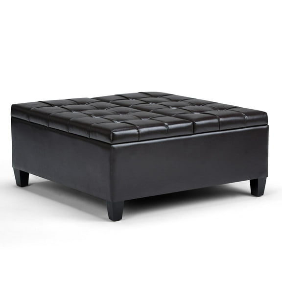 Harrison 36 inch Wide Transitional Coffee Table Storage Ottoman in Tanners Brown Vegan Leather