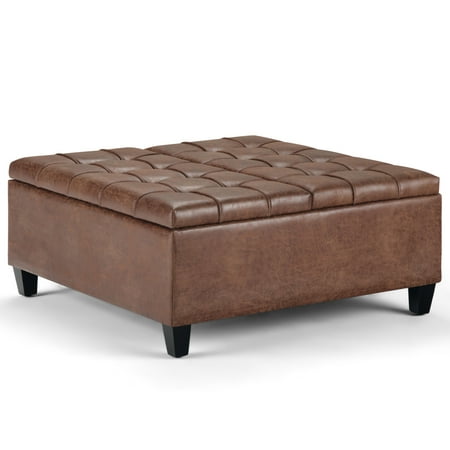 Simpli Home - Harrison 36 inch Wide Transitional Square Coffee Table Storage Ottoman in Faux Leather - Distressed Umber Brown