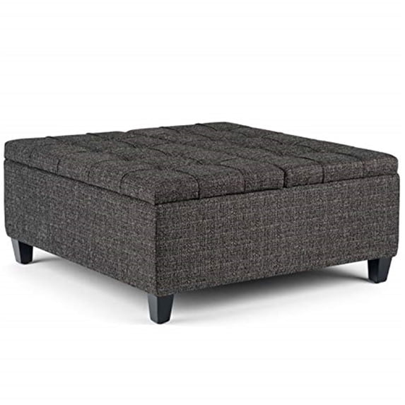 Harrison 36 inch Wide Transitional Coffee Table Storage Ottoman in Ebony Tweed Look Fabric