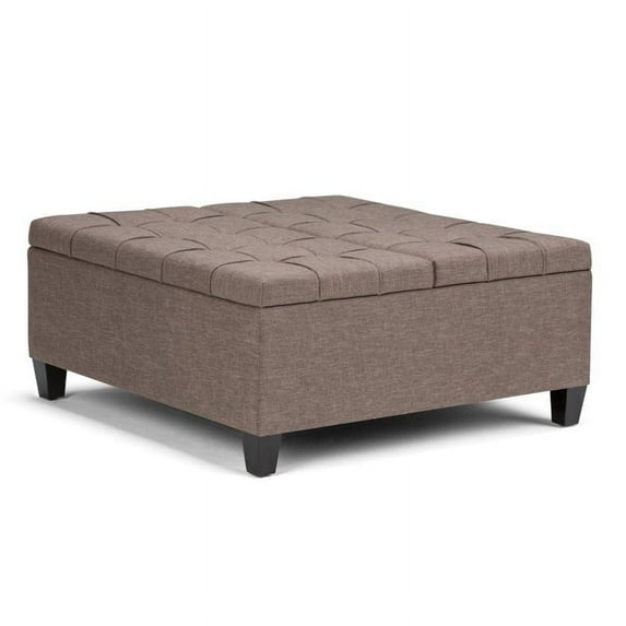Harrison 36 inch Wide Transitional Coffee Table Storage Ottoman in Fawn Brown Linen Look Fabric