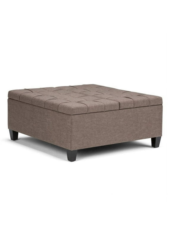 Simpli Home Harrison 36 inch Wide Transitional Square Coffee Table Storage Ottoman in Fawn Brown Linen Look Fabric