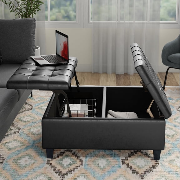 Simpli Home Harrison 36 inch Wide Upholstered Solid Wood Square Storage Ottoman, Distressed Graphite Black