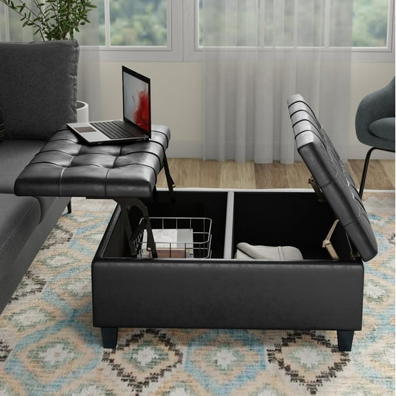 Simpli Home Harrison 36 inch Wide Upholstered Solid Wood Square Storage Ottoman, Distressed Graphite Black
