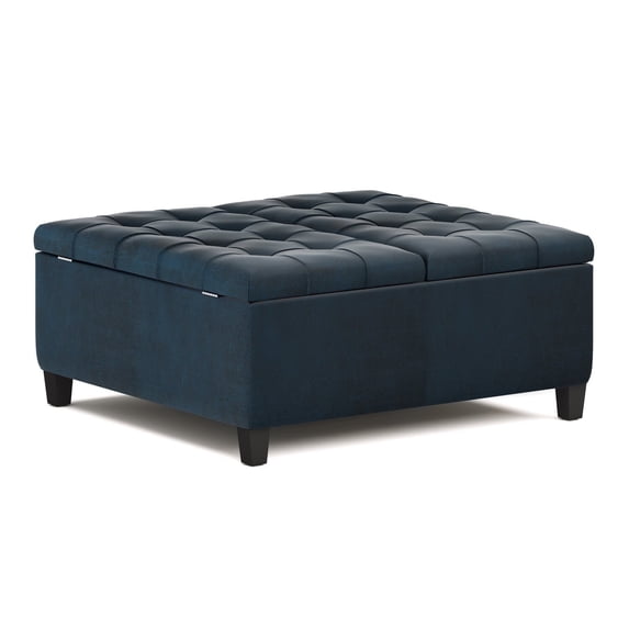 Harrison 36 inch Wide Traditional Coffee Table Storage Ottoman in Distressed Dark Blue Vegan Leather