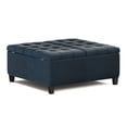 thumbnail image 1 of Harrison 36 inch Wide Traditional Coffee Table Storage Ottoman in Distressed Dark Blue Vegan Leather, 1 of 10