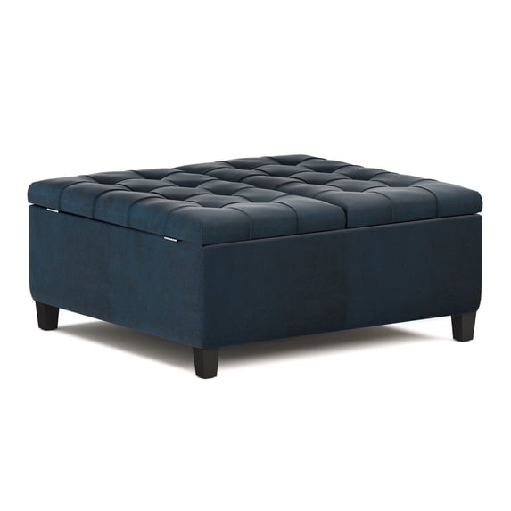 Harrison 36 inch Wide Traditional Coffee Table Storage Ottoman in Distressed Dark Blue Vegan Leather