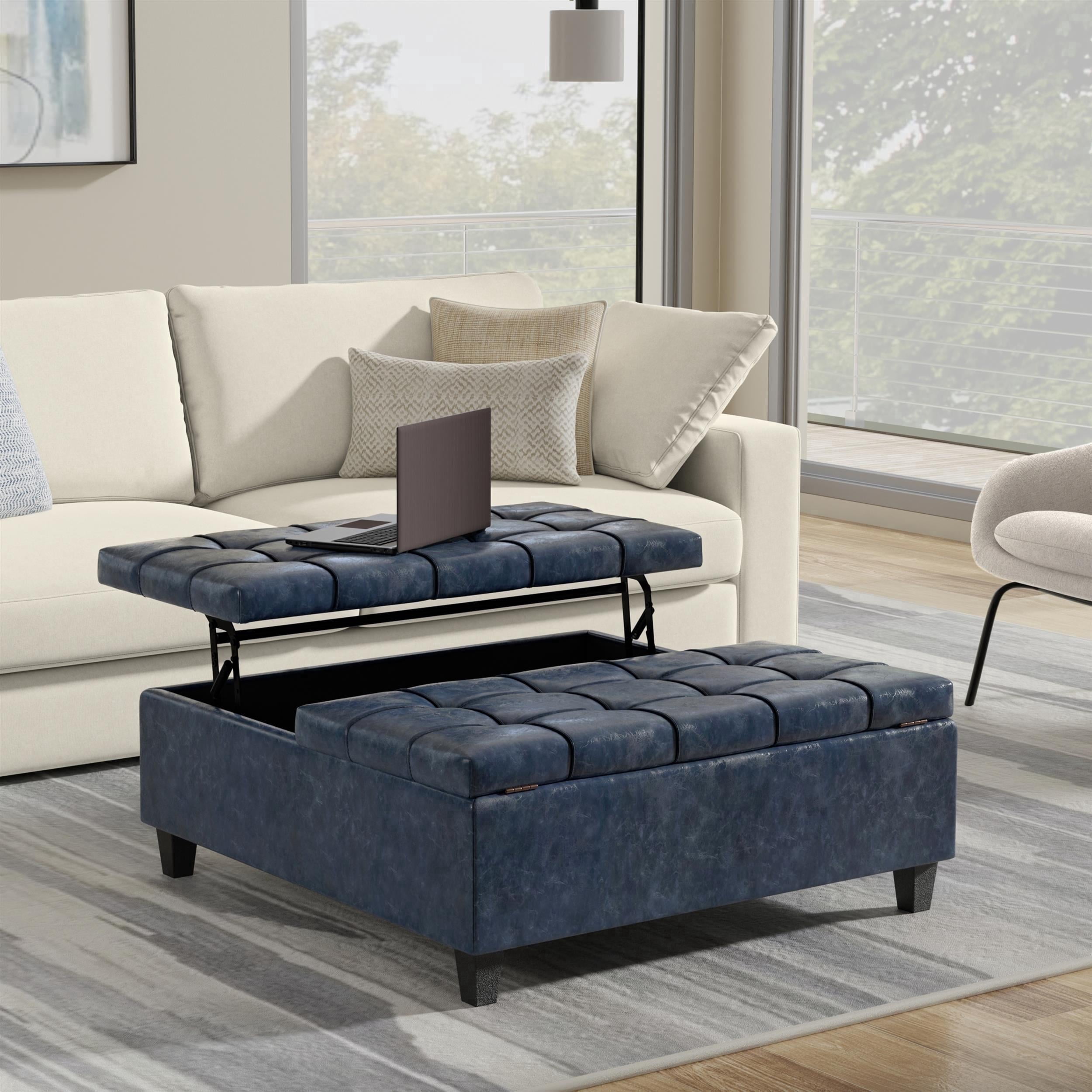 Harrison 40 inch Wide Transitional Large Square Coffee Table Storage Ottoman in Denim Blue Vegan Leather